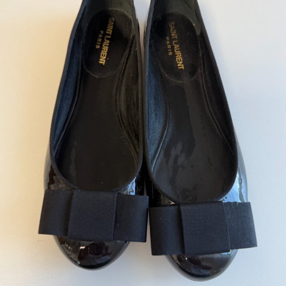 Saint Laurent Black Patent Bow Flats Italy 37